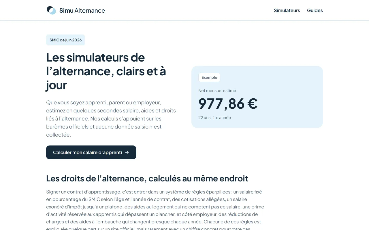 Page d’accueil de SimuAlternance sur ordinateur : le titre présente les simulateurs de l’alternance, avec un bouton pour calculer son salaire d’apprenti et un exemple de salaire net estimé.