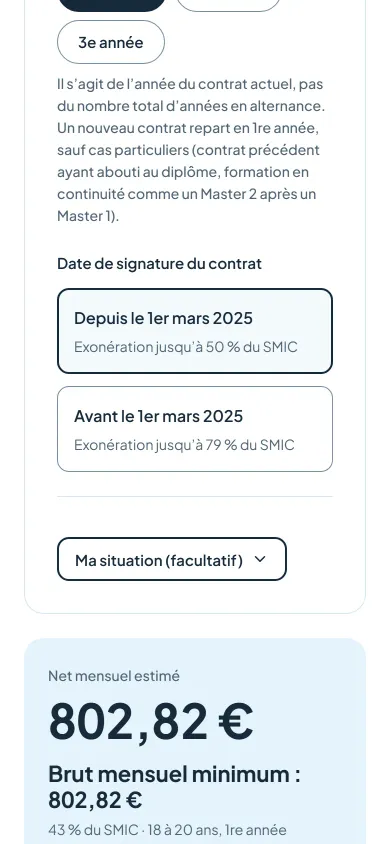 Le même simulateur sur téléphone, sur une seule colonne : la fin du formulaire rempli (année de contrat, date de signature), puis le résultat qui affiche le salaire net et le salaire brut estimés de l’apprenti.