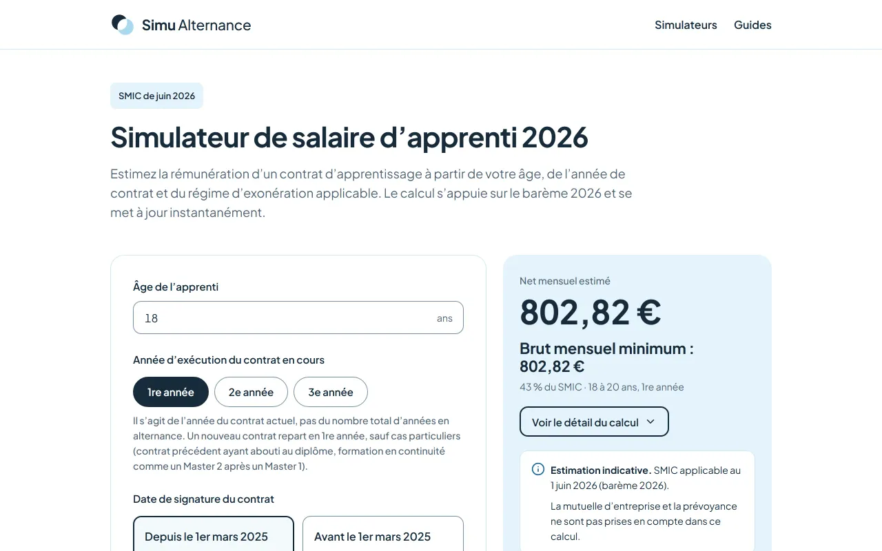 Simulateur de salaire d’apprenti sur ordinateur : à gauche le formulaire (âge, année de contrat, date de signature), à droite le simulateur affiche le salaire brut et net estimé de l’apprenti.